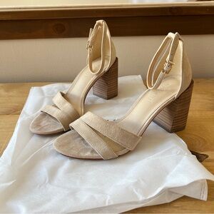 J. McLaughlin Shauna Suede Sandals Heels Chunky Block neutral summer office chic